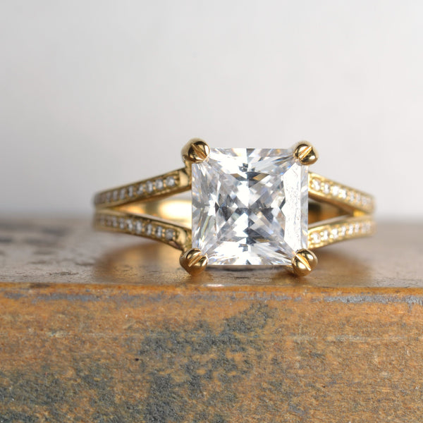 Cubic Zirconia Engagement Ring- *Clearance* The Carlotta (2.50 Carat Princess/Square Cut Center with 100-stone* "Waterfall" Pavé Split Band in 18K Yellow Gold)