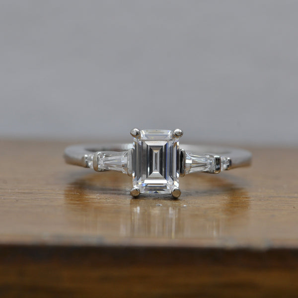 Cubic Zirconia Engagement Ring- *Clearance* The Belem (1.0 carat Emerald Cut and 5-stone Baguette+Round-Accented Design in Platinum)