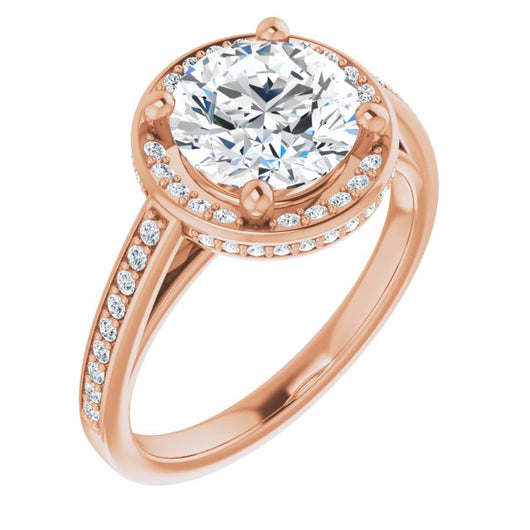 14K Rose Gold Customizable Cathedral-Halo Round Cut Design with Under-halo & Shared Prong Band