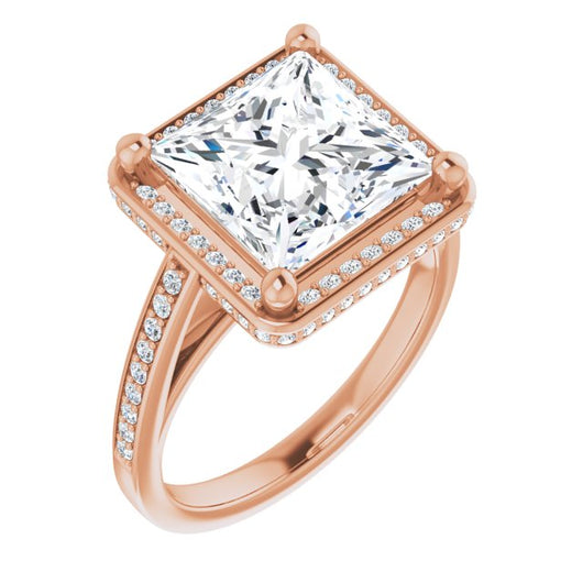 10K Rose Gold Customizable Cathedral-Halo Princess/Square Cut Design with Under-halo & Shared Prong Band