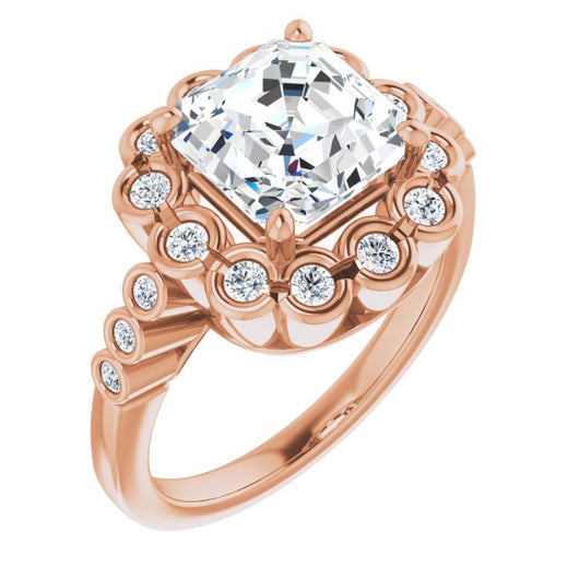 10K Rose Gold Customizable Asscher Cut Design with Round-bezel Halo and Band Accents