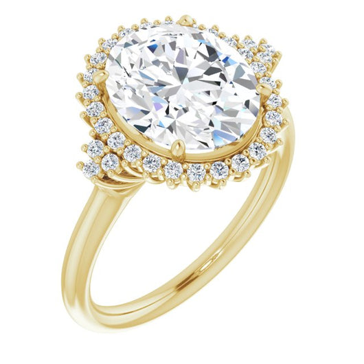 10K Yellow Gold Customizable Oval Cut Cathedral-Halo Design with Tri-Cluster Round Accents