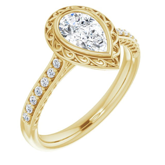 10K Yellow Gold Customizable Cathedral-Bezel Pear Cut Design featuring Accented Band with Filigree Inlay