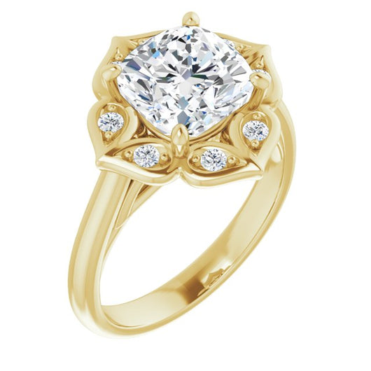 10K Yellow Gold Customizable Cathedral-raised Cushion Cut Design with Star Halo & Round-Bezel Peekaboo Accents