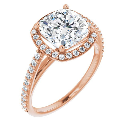 10K Rose Gold Customizable Cushion Cut Design with Halo and Thin Pavé Band