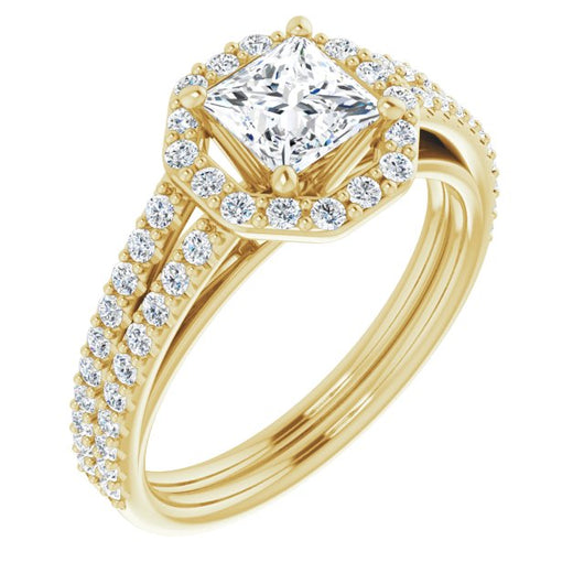 10K Yellow Gold Customizable Cathedral Princess/Square Cut Design with Geometric Halo & Split Pavé Band