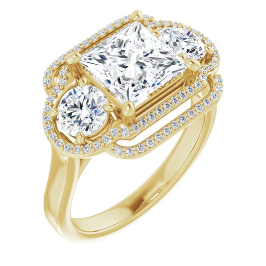 10K Yellow Gold Customizable Cathedral-set Enhanced 3-stone Princess/Square Cut Design with Multidirectional Halo