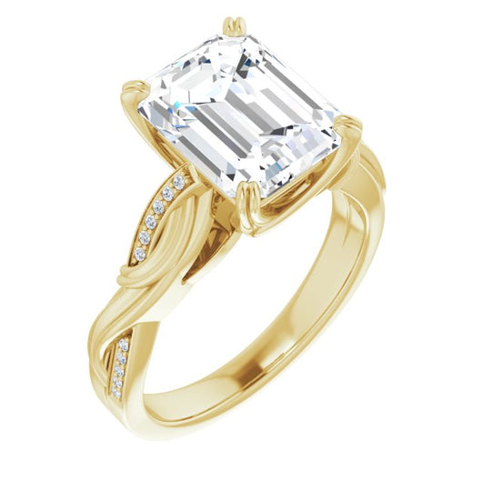 10K Yellow Gold Customizable Cathedral-raised Emerald/Radiant Cut Design featuring Rope-Braided Half-Pavé Band