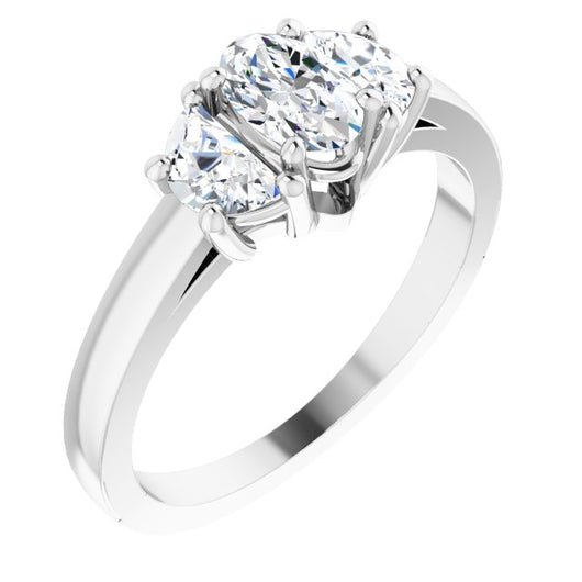 10K White Gold Customizable 3-stone Design with Oval Cut Center and Half-moon Side Stones