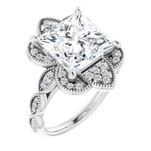 10K White Gold Customizable Cathedral-style Princess/Square Cut Design with Floral Segmented Halo & Milgrain+Accents Band