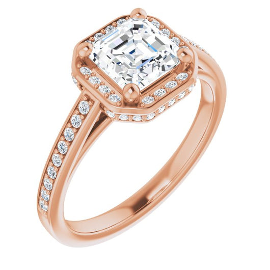 10K Rose Gold Customizable Cathedral-Halo Asscher Cut Design with Under-halo & Shared Prong Band