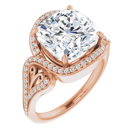 10K Rose Gold Customizable Cushion Cut Design with Bypass Halo and Split-Shared Prong Band