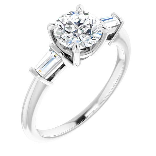 10K White Gold Customizable 3-stone Round Cut Design with Dual Baguette Accents)