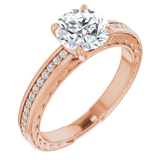 10K Rose Gold Customizable Round Cut Design with Rope-Filigree Hammered Inlay & Round Channel Accents