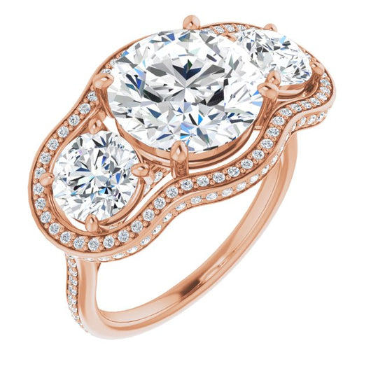 10K Rose Gold Customizable 3-stone Round Cut Design with Multi-Halo Enhancement and 150+-stone Pavé Band