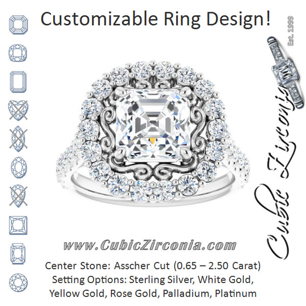 Cubic Zirconia Engagement Ring- The Flora (Customizable Asscher Cut Cathedral Style with Oversized Halo)