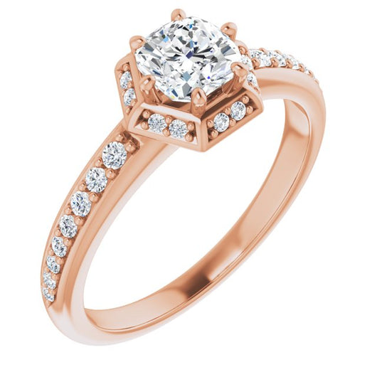 10K Rose Gold Customizable Cushion Cut Design with Geometric Under-Halo and Shared Prong Band