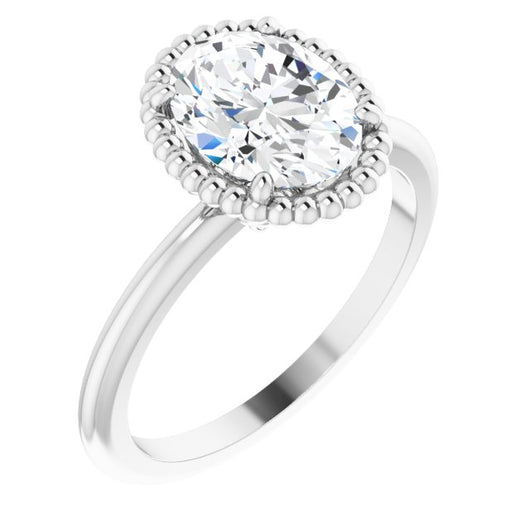 10K White Gold Customizable Oval Cut Solitaire with Beaded Metallic Milgrain