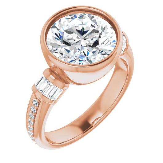 10K Rose Gold Customizable Cathedral-Bezel Round Cut Style with Horizontal Baguettes & Shared Prong Band