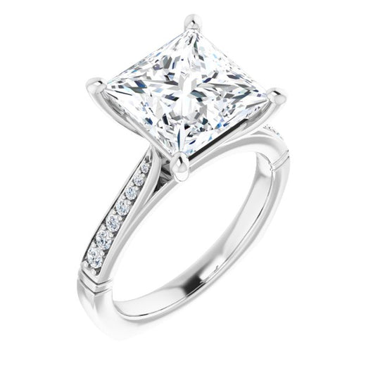 10K White Gold Customizable Princess/Square Cut Design with Tapered Euro Shank and Graduated Band Accents