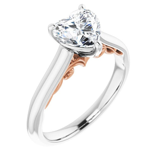 14K White & Rose Gold Customizable Heart Cut Cathedral Solitaire with Two-Tone Option Decorative Trellis 'Down Under'