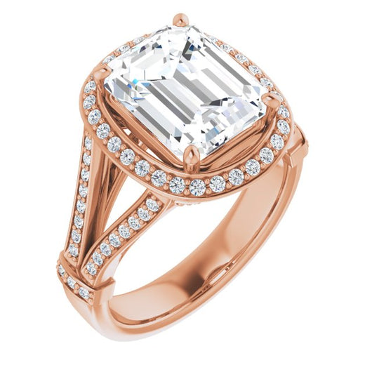 10K Rose Gold Customizable Emerald/Radiant Cut Setting with Halo, Under-Halo Trellis Accents and Accented Split Band