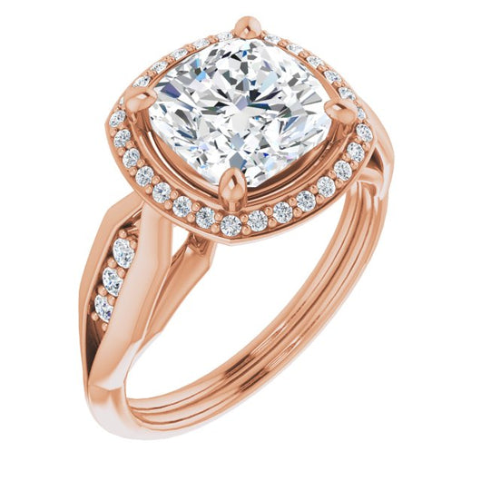 10K Rose Gold Customizable Cathedral-raised Cushion Cut Design with Halo and Tri-Cluster Band Accents