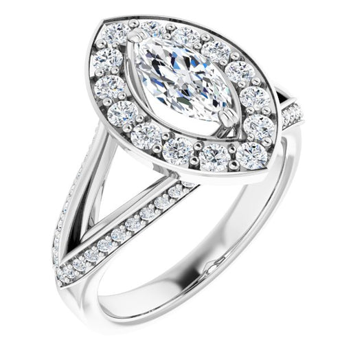 10K White Gold Customizable Marquise Cut Center with Large-Accented Halo and Split Shared Prong Band