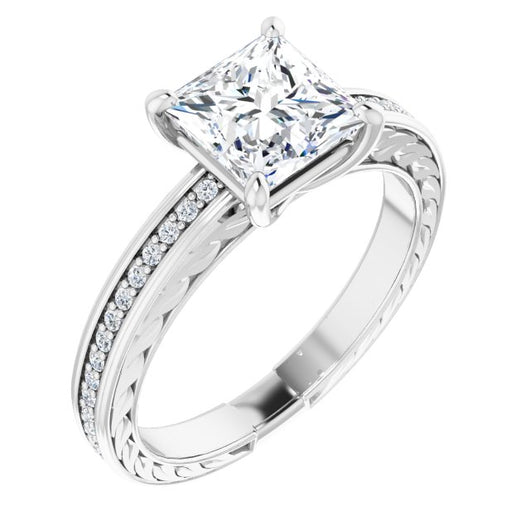 10K White Gold Customizable Princess/Square Cut Design with Rope-Filigree Hammered Inlay & Round Channel Accents