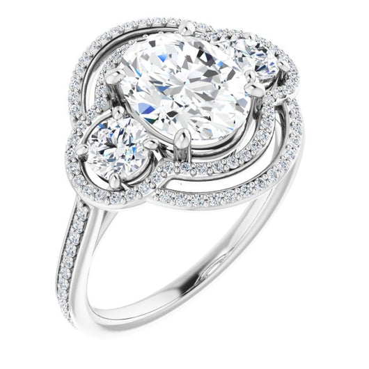 10K White Gold Customizable Enhanced 3-stone Double-Halo Style with Oval Cut Center and Thin Band