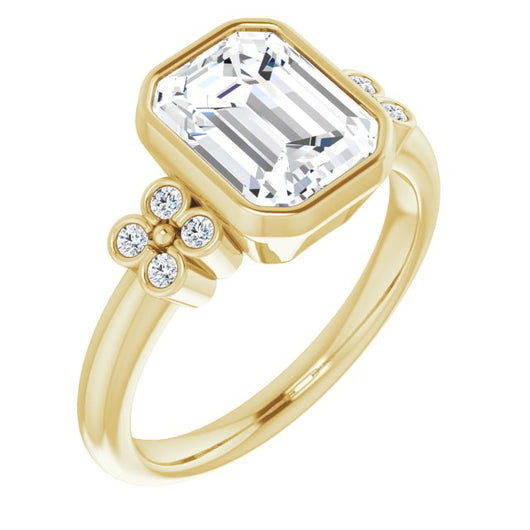 10K Yellow Gold Customizable 9-stone Bezel-set Emerald/Radiant Cut Design with Quad Round Bezel Side Stones Each Side