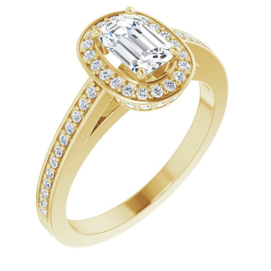 10K Yellow Gold Customizable Cathedral-set Emerald/Radiant Cut Design with Halo, Thin Pavé Band & Round-Bezel Peekaboos