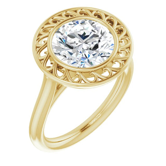 10K Yellow Gold Customizable Cathedral-Bezel Style Round Cut Solitaire with Flowery Filigree