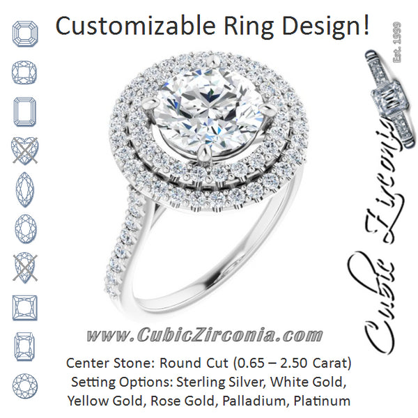 Cubic Zirconia Engagement Ring- The Danielle (Customizable Double-Halo Round Cut Design with Accented Split Band)