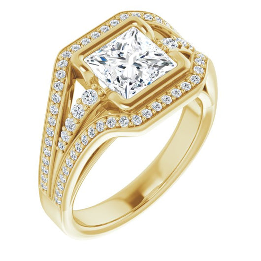 10K Yellow Gold Customizable Cathedral-Bezel Princess/Square Cut Design with Wide Triple-Split-Pavé Band