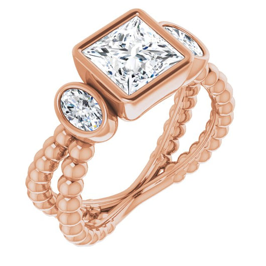 10K Rose Gold Customizable 3-stone Princess/Square Cut Design with 2 Oval Cut Side Stones and Wide, Bubble-Bead Split-Band