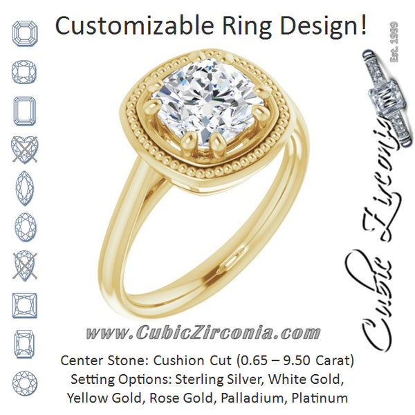 Cubic Zirconia Engagement Ring- The Eve (Customizable Cushion Cut Solitaire with Metallic Drops Halo Lookalike)