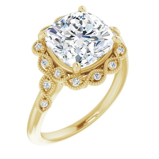 10K Yellow Gold Customizable 3-stone Design with Cushion Cut Center and Halo Enhancement