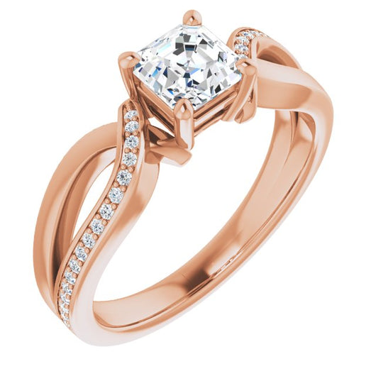 10K Rose Gold Customizable Asscher Cut Center with Curving Split-Band featuring One Shared Prong Leg