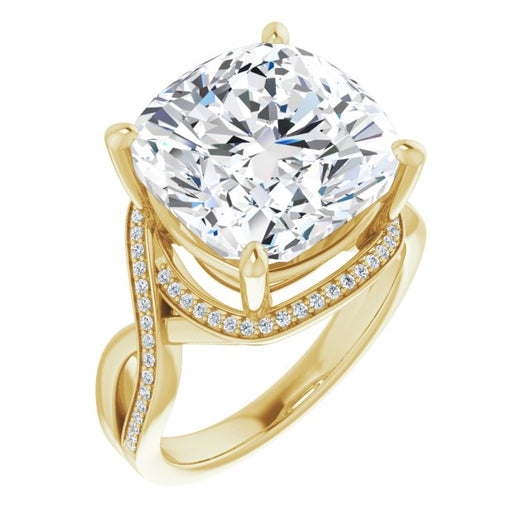 10K Yellow Gold Customizable Bypass-Halo-Accented Cushion Cut Center with Twisting Split Shared Prong Band