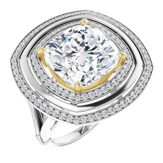 14K White & Yellow Gold Customizable Cushion Cut Oversized 2x Halo Style with Knuckle Accented Split Band