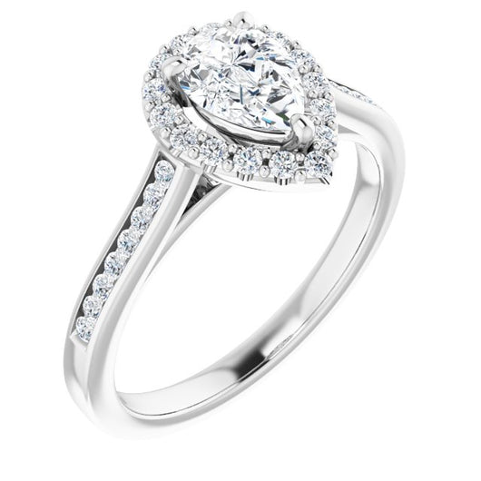 10K White Gold Customizable Pear Cut Design with Halo, Round Channel Band and Floating Peekaboo Accents