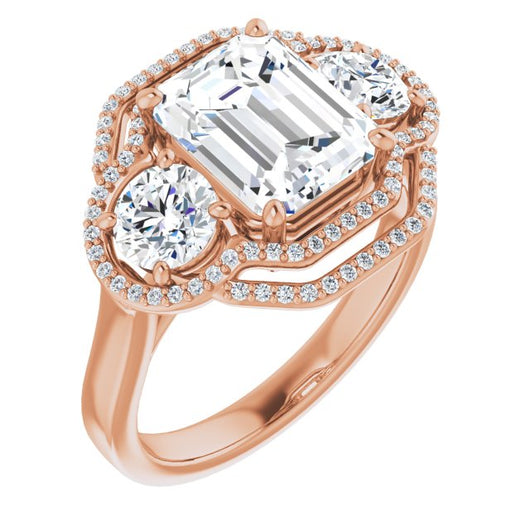 10K Rose Gold Customizable Cathedral-set Enhanced 3-stone Emerald/Radiant Cut Design with Multidirectional Halo