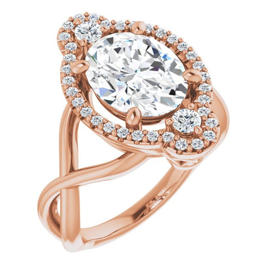 10K Rose Gold Customizable Vertical 3-stone Oval Cut Design Enhanced with Multi-Halo Accents and Twisted Band