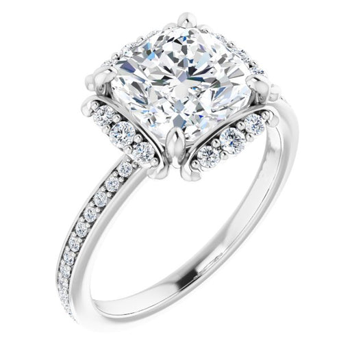 10K White Gold Customizable Cushion Cut Style with Halo and Thin Shared Prong Band