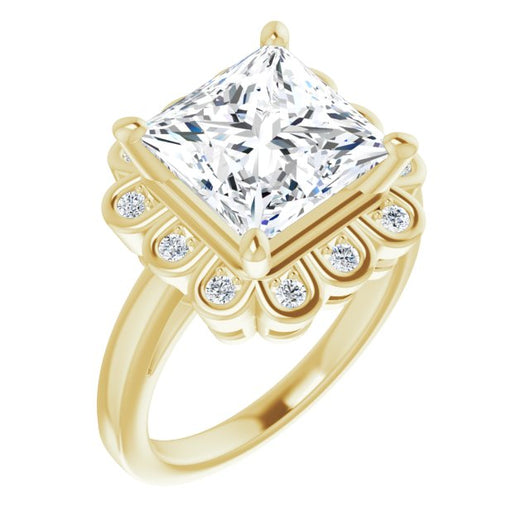 10K Yellow Gold Customizable 9-stone Princess/Square Cut Design with Round Bezel Side Stones