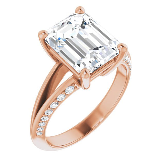 10K Rose Gold Customizable Emerald/Radiant Cut Center with 4-sided-Accents Knife-Edged Split-Band