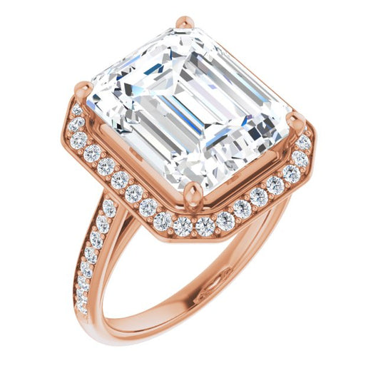 10K Rose Gold Customizable Cathedral-raised Emerald/Radiant Cut Halo-and-Accented Band Design