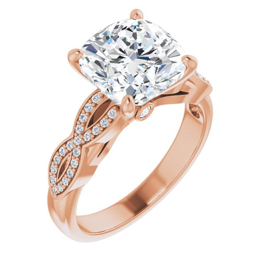 10K Rose Gold Customizable Cushion Cut Design featuring Infinity Pavé Band and Round-Bezel Peekaboos