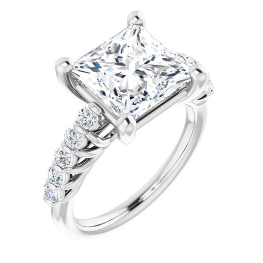 10K White Gold Customizable Princess/Square Cut Style with Round Bar-set Accents